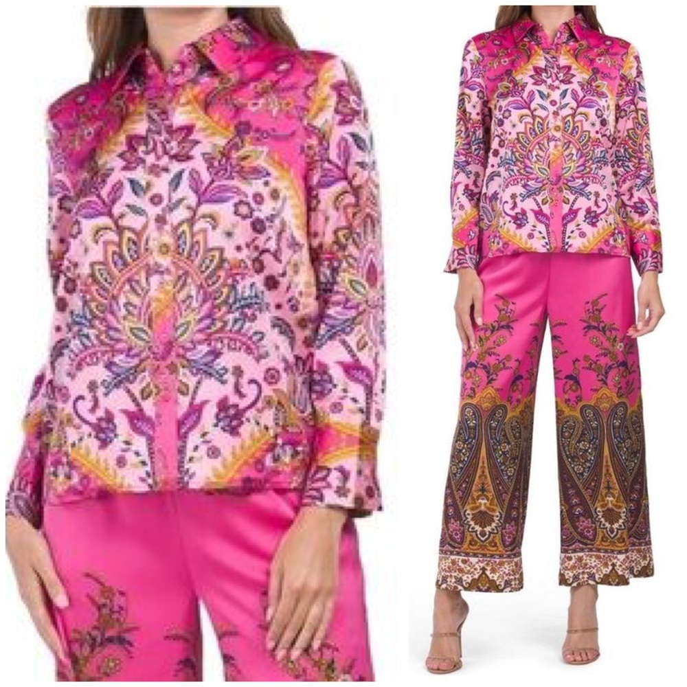 Rachel Zoe Satin Floral Paisley Button Down Blouse in Pink Multi Size S NWT - Picture 2 of 16
